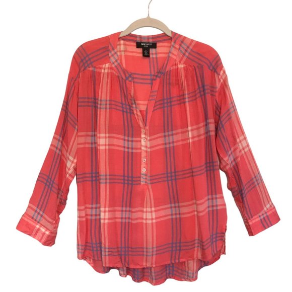 Nine West Georgia Iconic Plaid High Low Long Sleeve Top in Pink - Size S - Picture 2 of 6